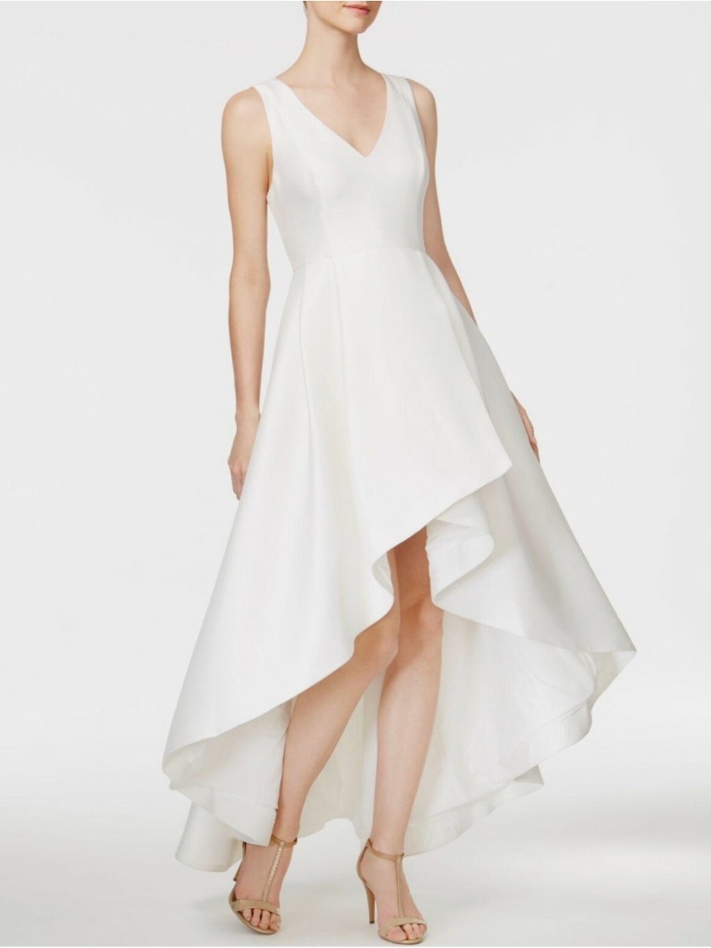 Calvin Klein White High-Low V-Neck Sleeveless Dress